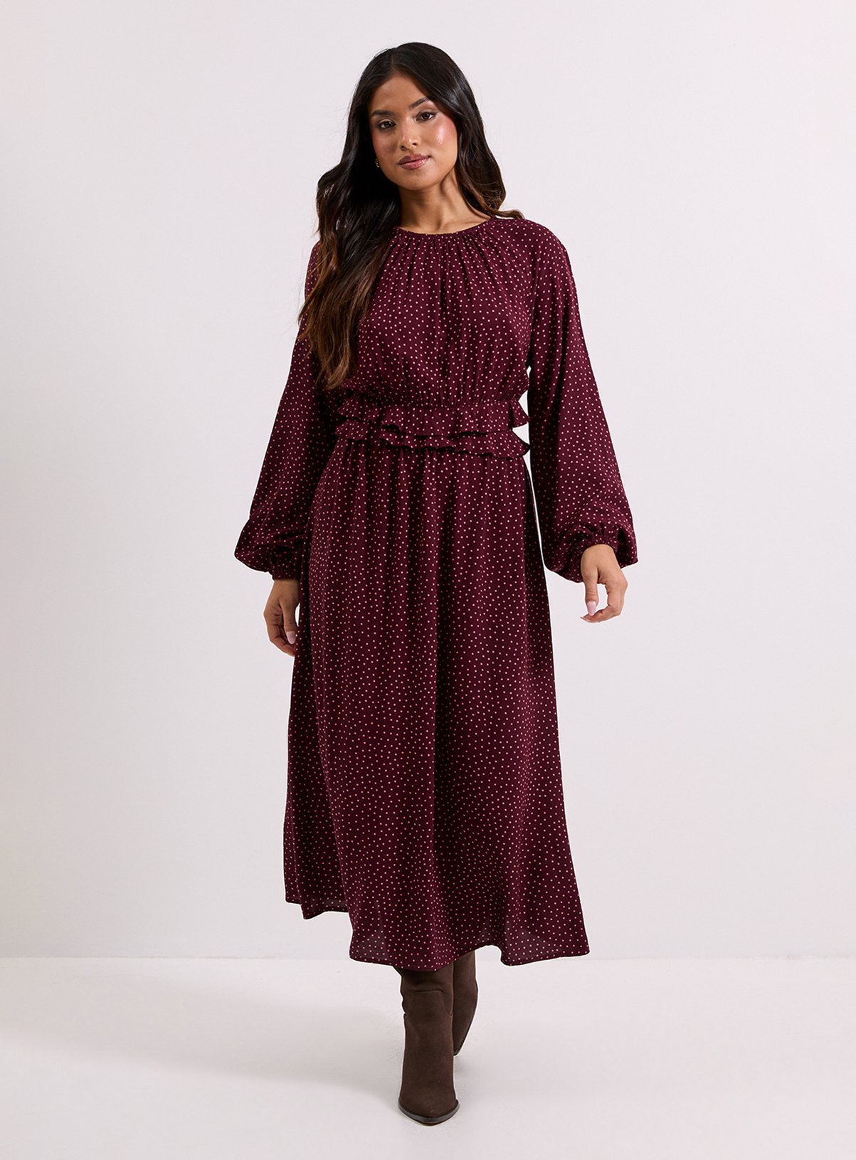 DOROTHY PERKINS Petite Berry Spot Frill Wait Detail Blouson Sleeve Midi Dress 14 - Image 1 thumbnail